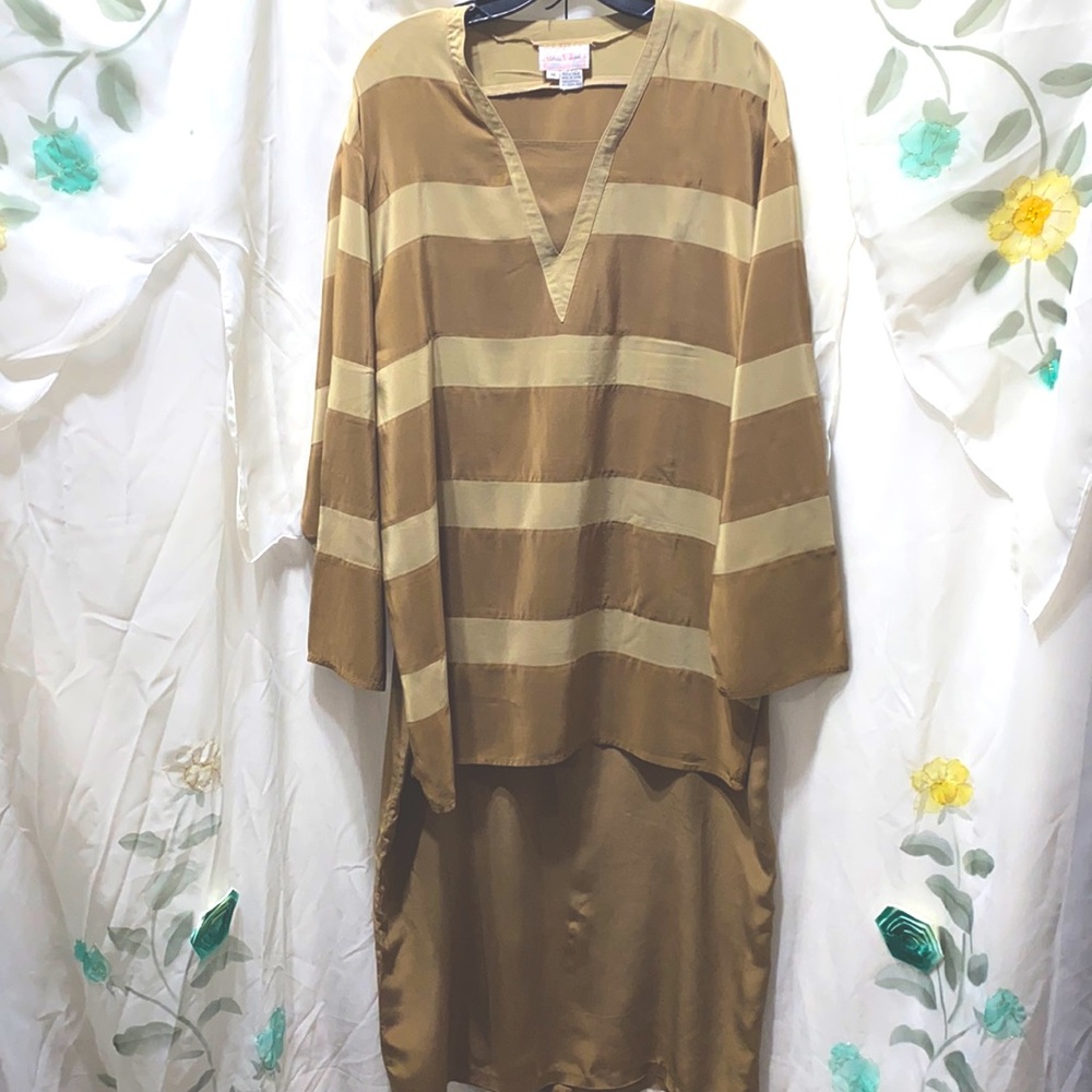 100% SILK PATRICIA MIGALI TAN V-NECK MAXI SKIRT SET SZ 16